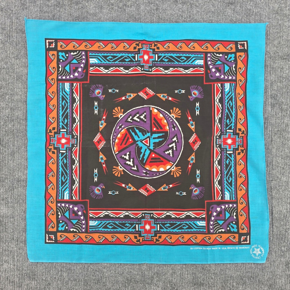 Vintage Wamcraft Bandana Made in USA Southwestern Geometric Turquoise Scarf